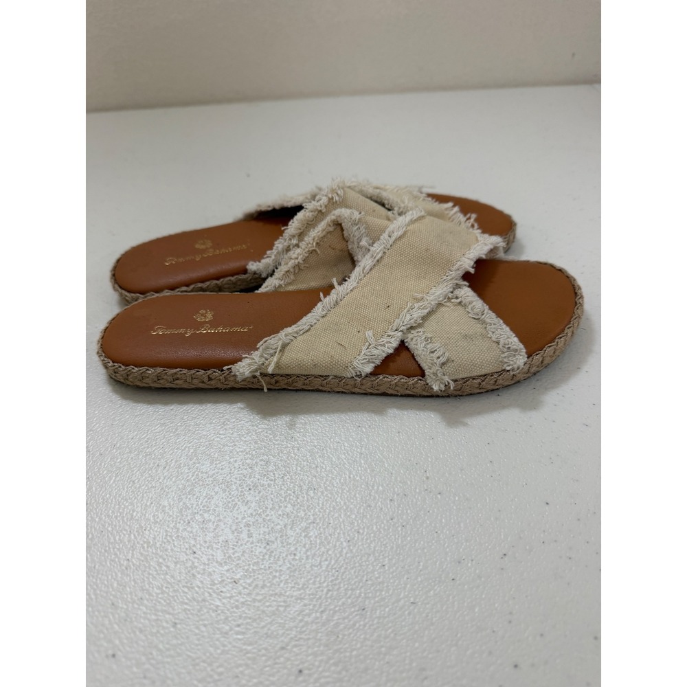 Tommy Bahama Womens Frayed Canvas‎ Criss Cross Slide Sandals Beige Tan Jute Trim